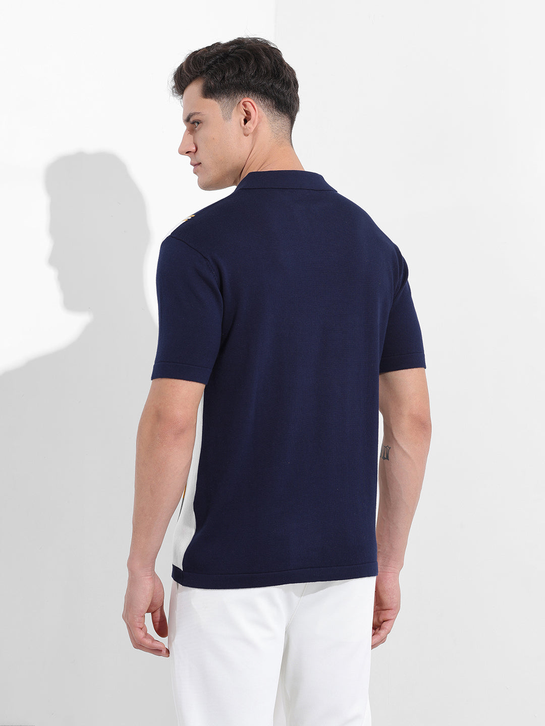 Men's Blue Slim Fit Textured Flat Knit Polo Neck T-Shirt