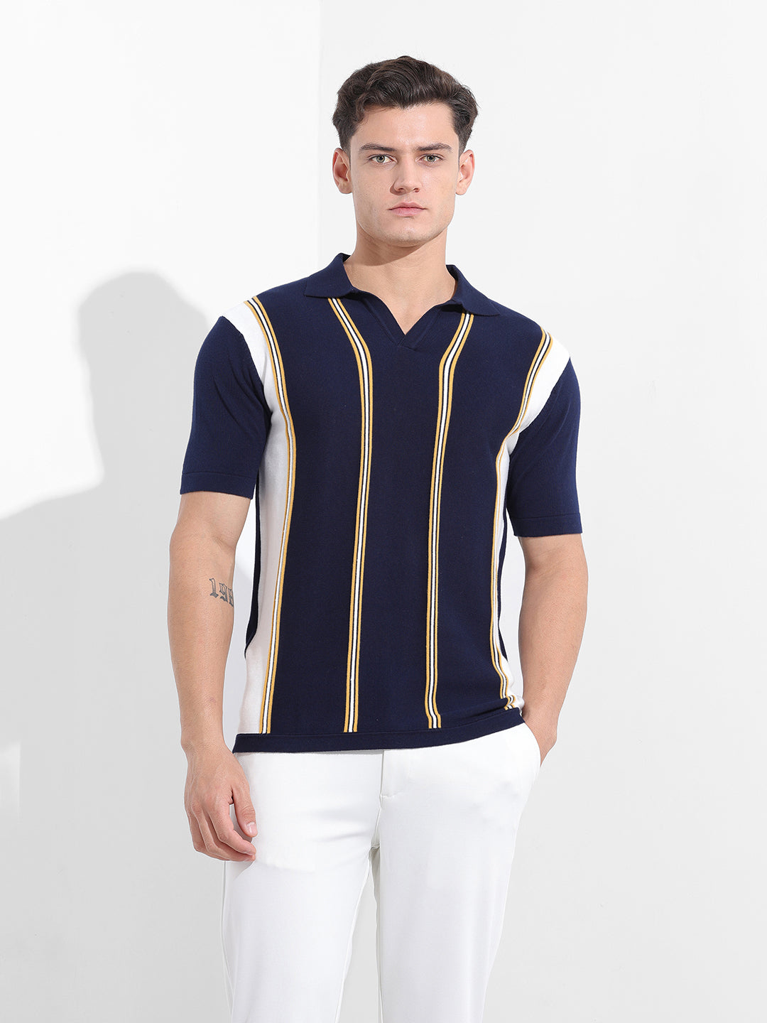 Men's Blue Slim Fit Textured Flat Knit Polo Neck T-Shirt
