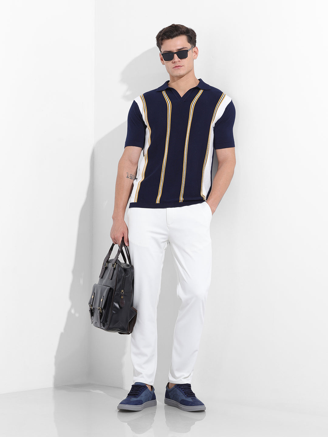 Men's Blue Slim Fit Textured Flat Knit Polo Neck T-Shirt