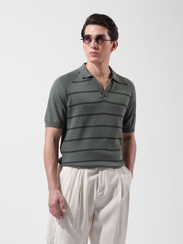 Men's Green Slim Fit Textured Flat Knit Polo Neck T-Shirt