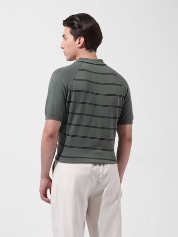 Men's Green Slim Fit Textured Flat Knit Polo Neck T-Shirt