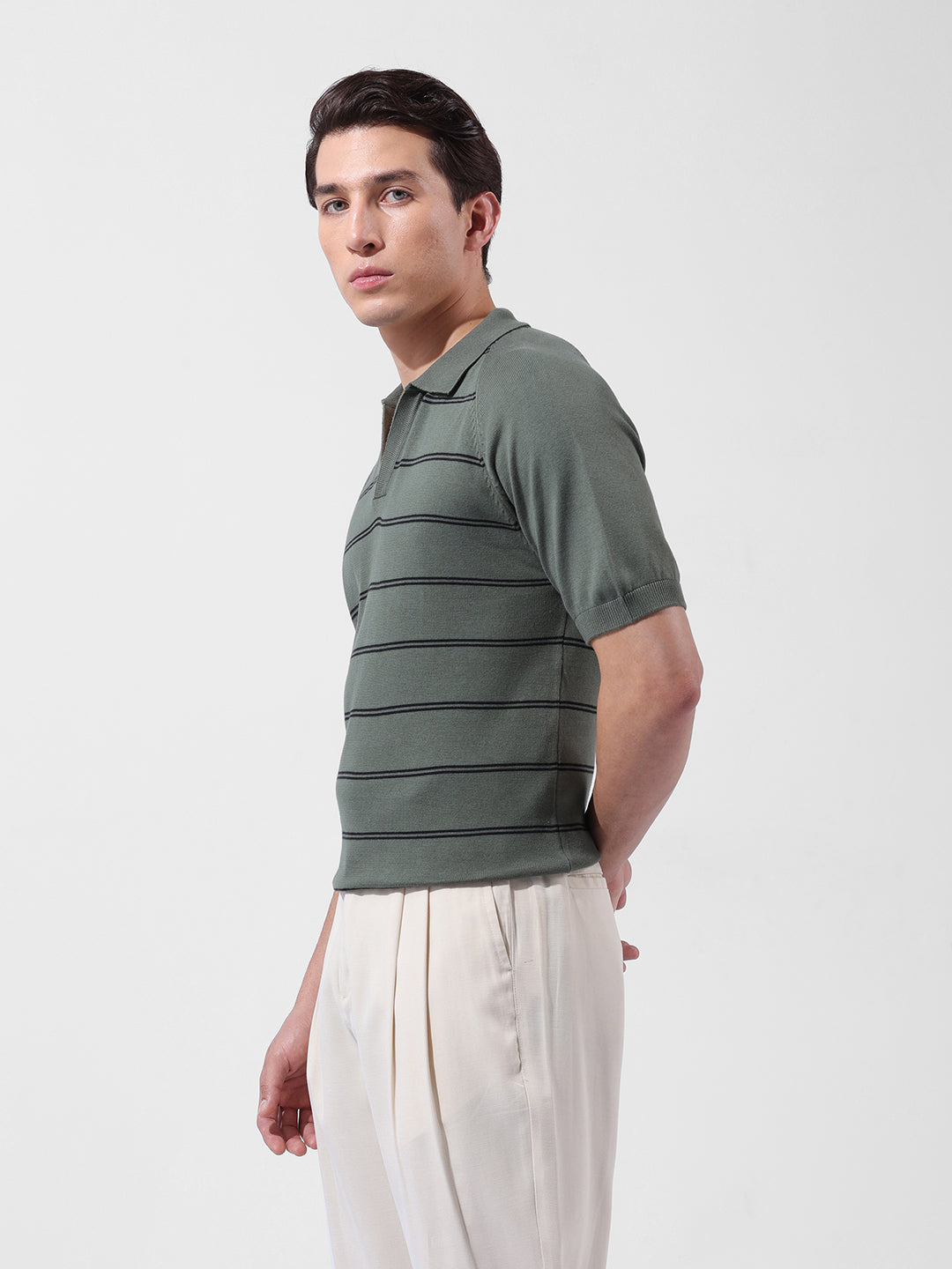 Men's Green Slim Fit Textured Flat Knit Polo Neck T-Shirt