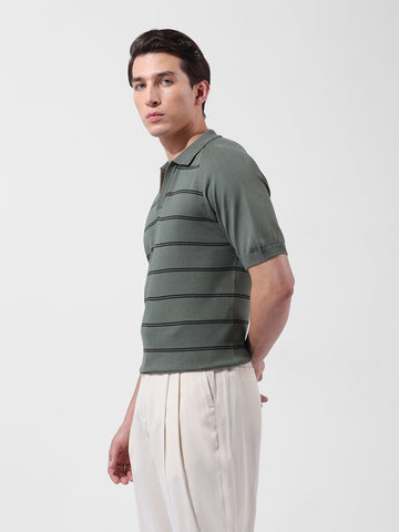 Men's Green Slim Fit Textured Flat Knit Polo Neck T-Shirt