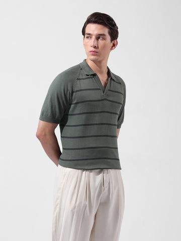 Men's Green Slim Fit Textured Flat Knit Polo Neck T-Shirt