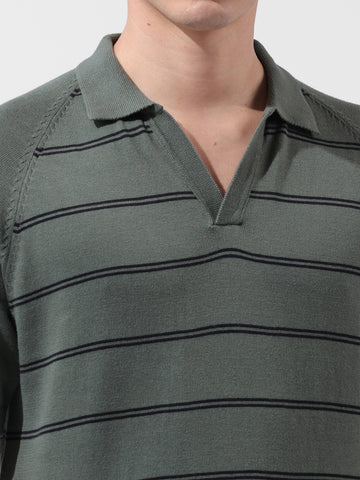 Men's Green Slim Fit Textured Flat Knit Polo Neck T-Shirt