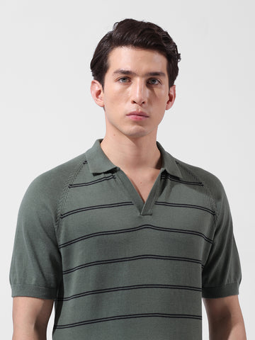 Men's Green Slim Fit Textured Flat Knit Polo Neck T-Shirt