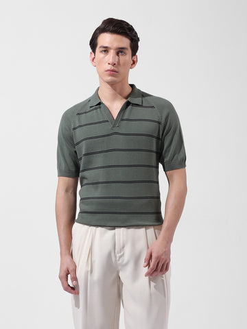 Men's Green Slim Fit Textured Flat Knit Polo Neck T-Shirt