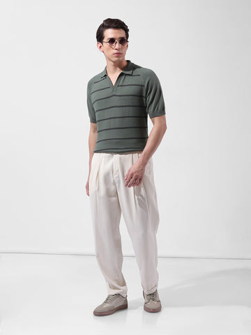 Men's Green Slim Fit Textured Flat Knit Polo Neck T-Shirt