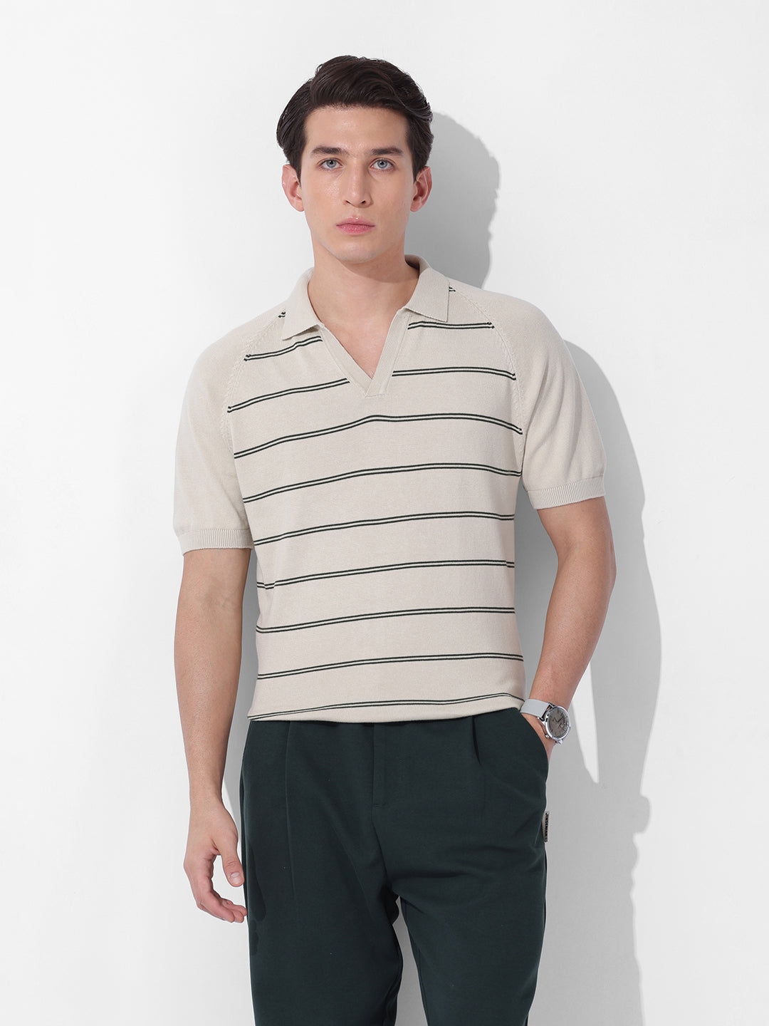 Men's Cream Slim Fit Textured Flat Knit Polo Neck T-Shirt