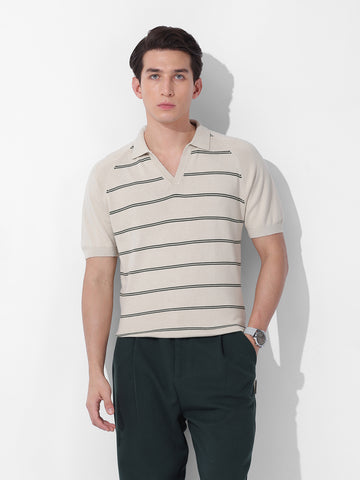 Men's Cream Slim Fit Textured Flat Knit Polo Neck T-Shirt