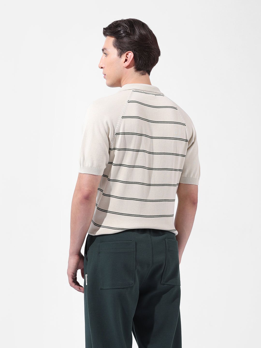 Men's Cream Slim Fit Textured Flat Knit Polo Neck T-Shirt