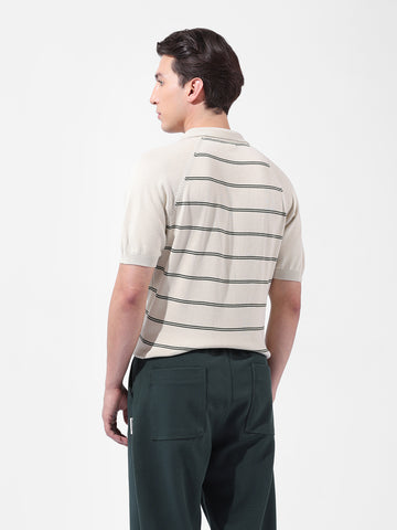 Men's Cream Slim Fit Textured Flat Knit Polo Neck T-Shirt