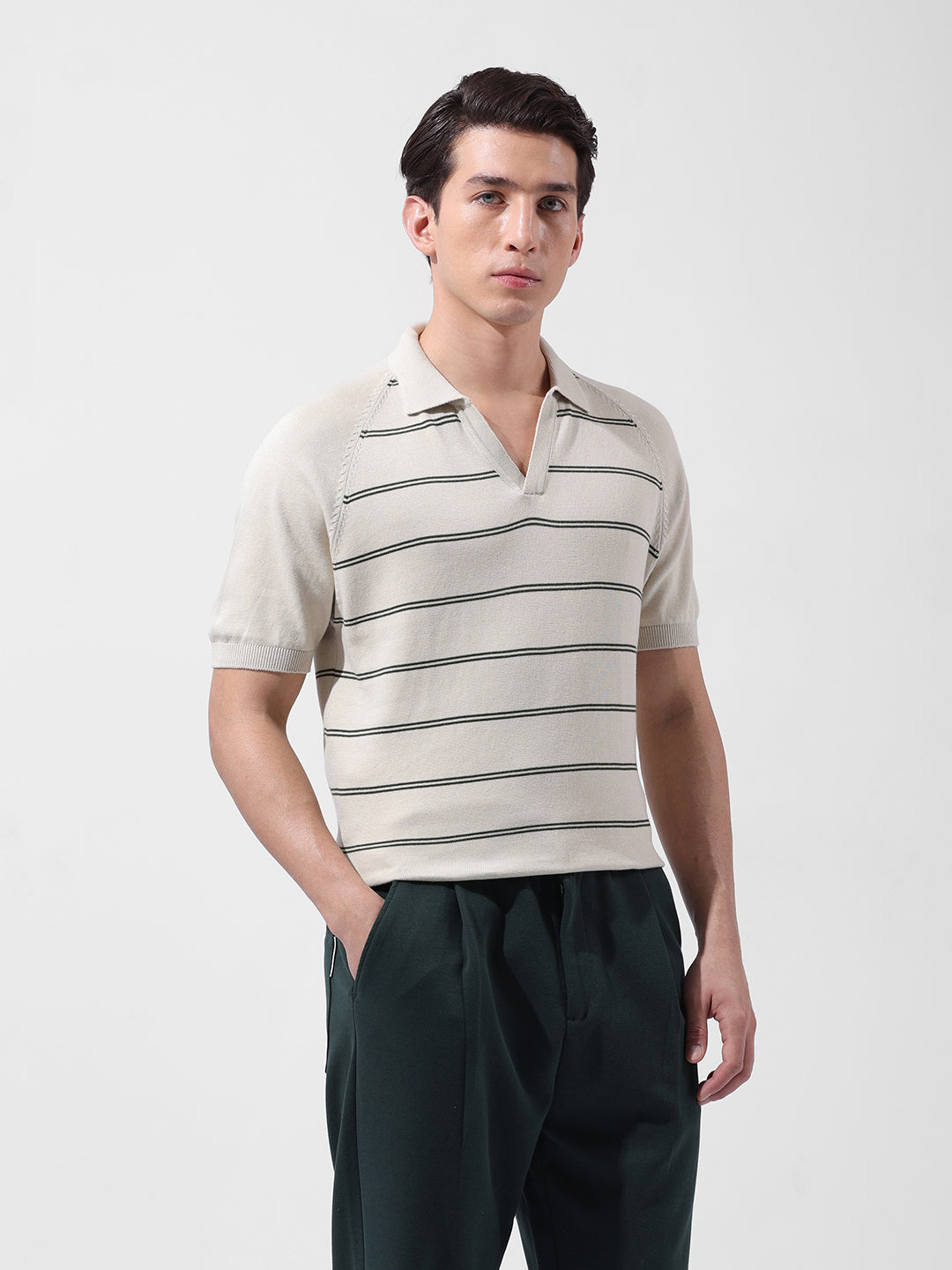 Men's Cream Slim Fit Textured Flat Knit Polo Neck T-Shirt