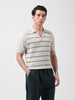 Men's Cream Slim Fit Textured Flat Knit Polo Neck T-Shirt