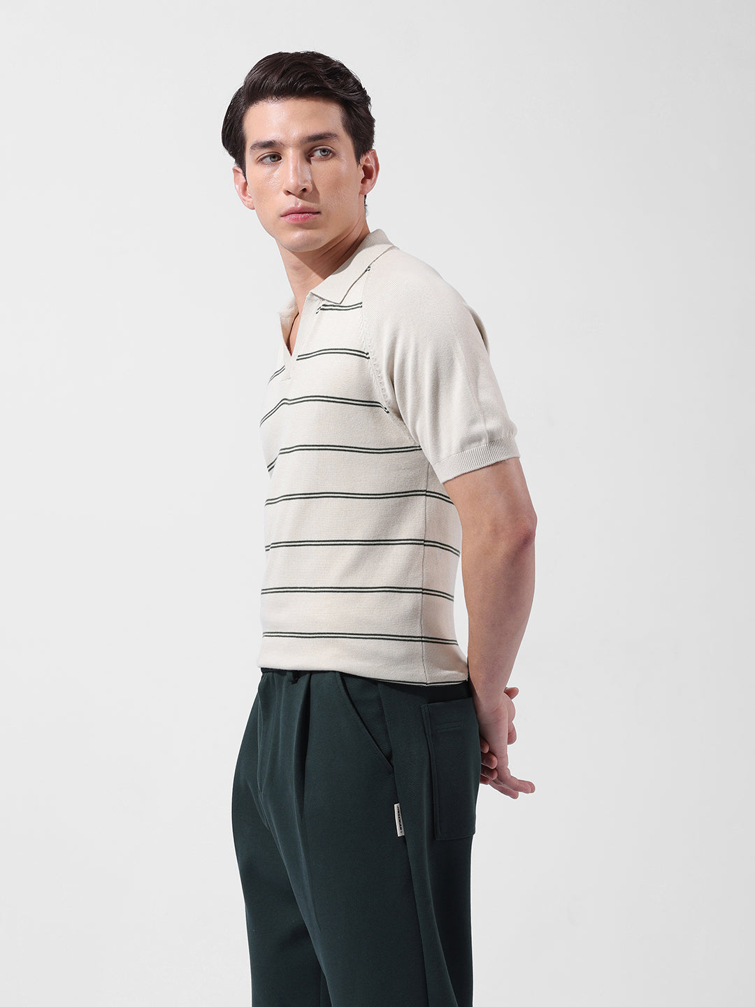 Men's Cream Slim Fit Textured Flat Knit Polo Neck T-Shirt