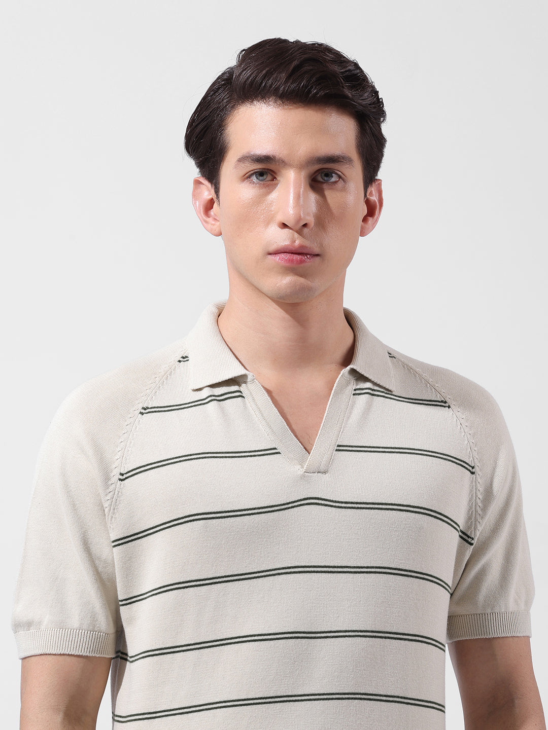 Men's Cream Slim Fit Textured Flat Knit Polo Neck T-Shirt