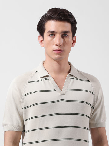 Men's Cream Slim Fit Textured Flat Knit Polo Neck T-Shirt
