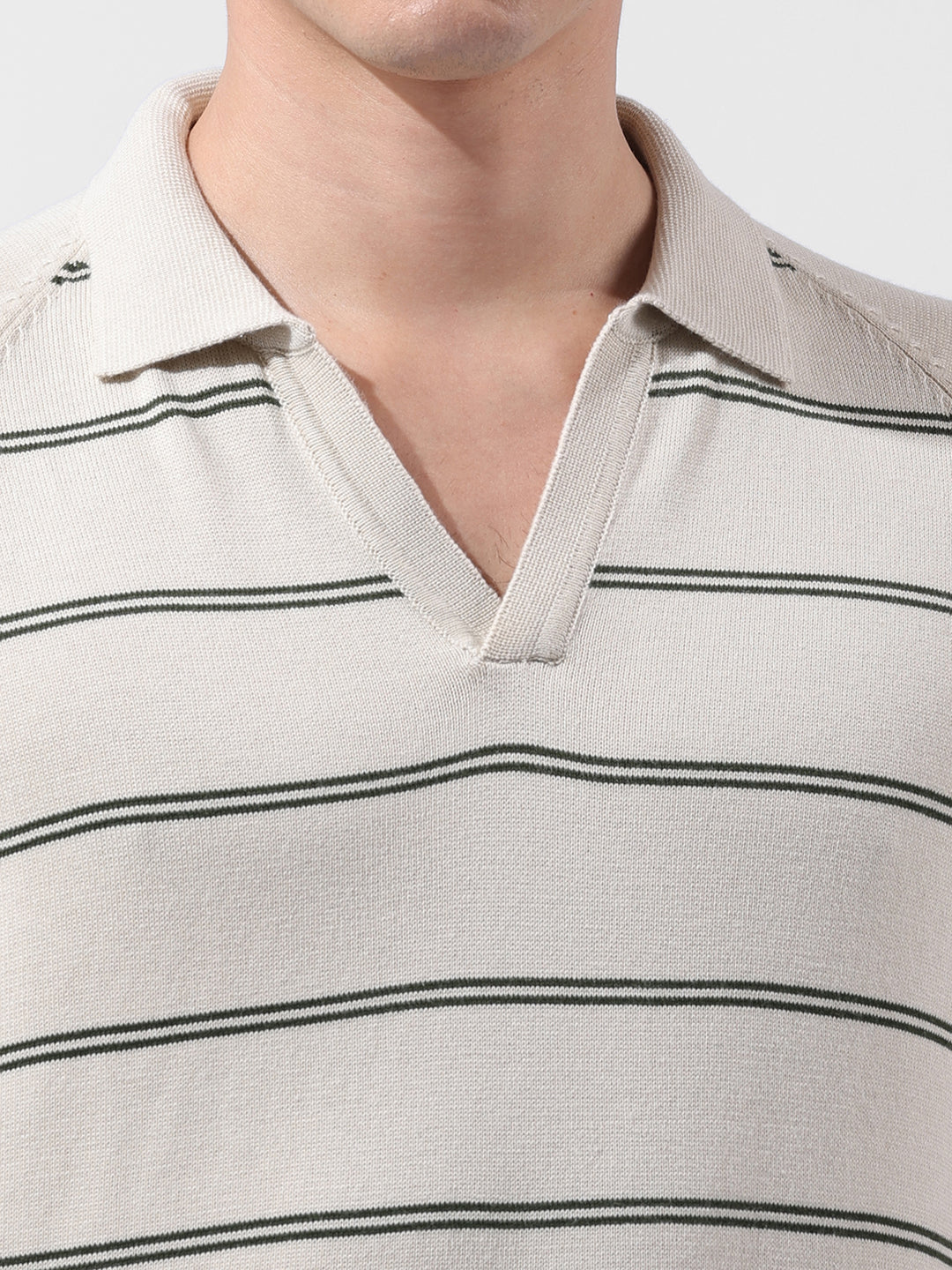 Men's Cream Slim Fit Textured Flat Knit Polo Neck T-Shirt