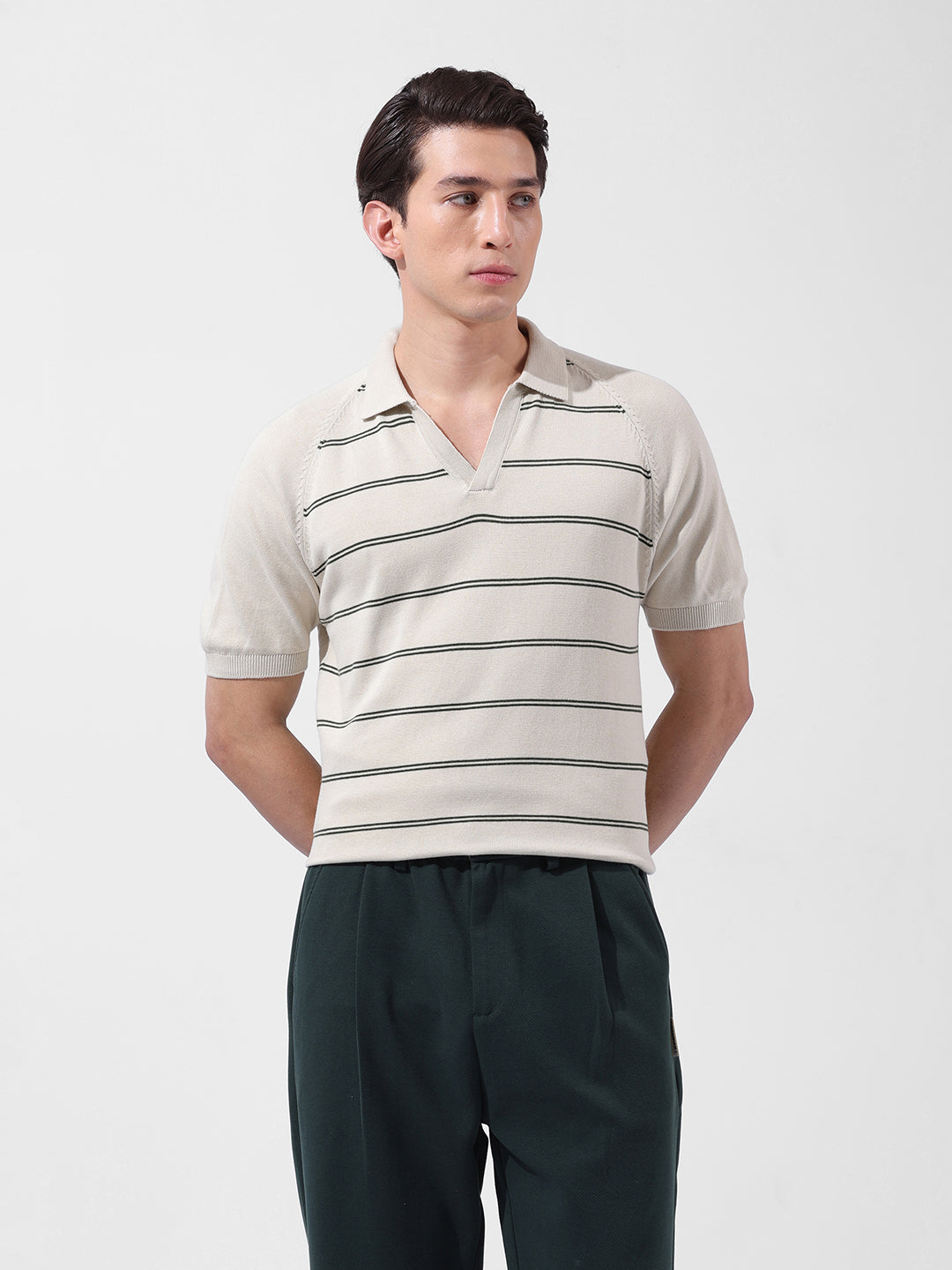 Men's Cream Slim Fit Textured Flat Knit Polo Neck T-Shirt