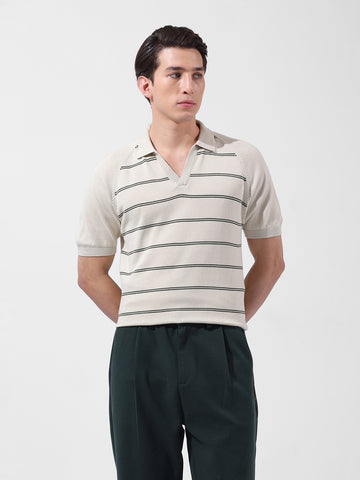 Men's Cream Slim Fit Textured Flat Knit Polo Neck T-Shirt