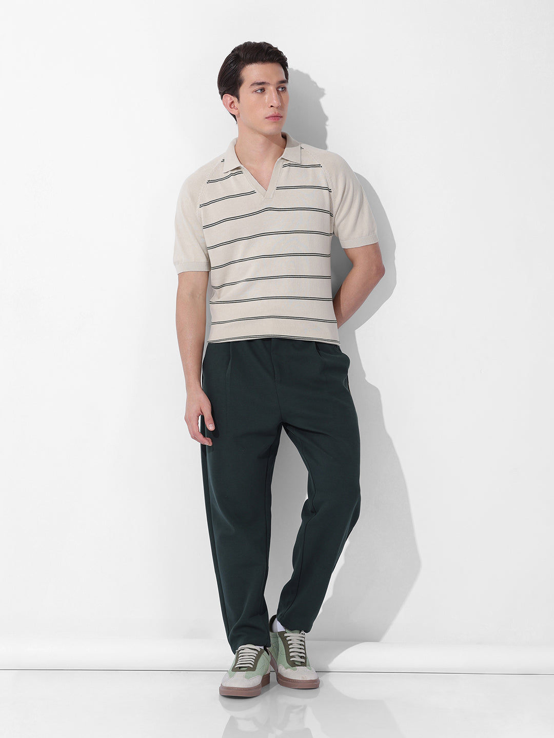 Men's Cream Slim Fit Textured Flat Knit Polo Neck T-Shirt