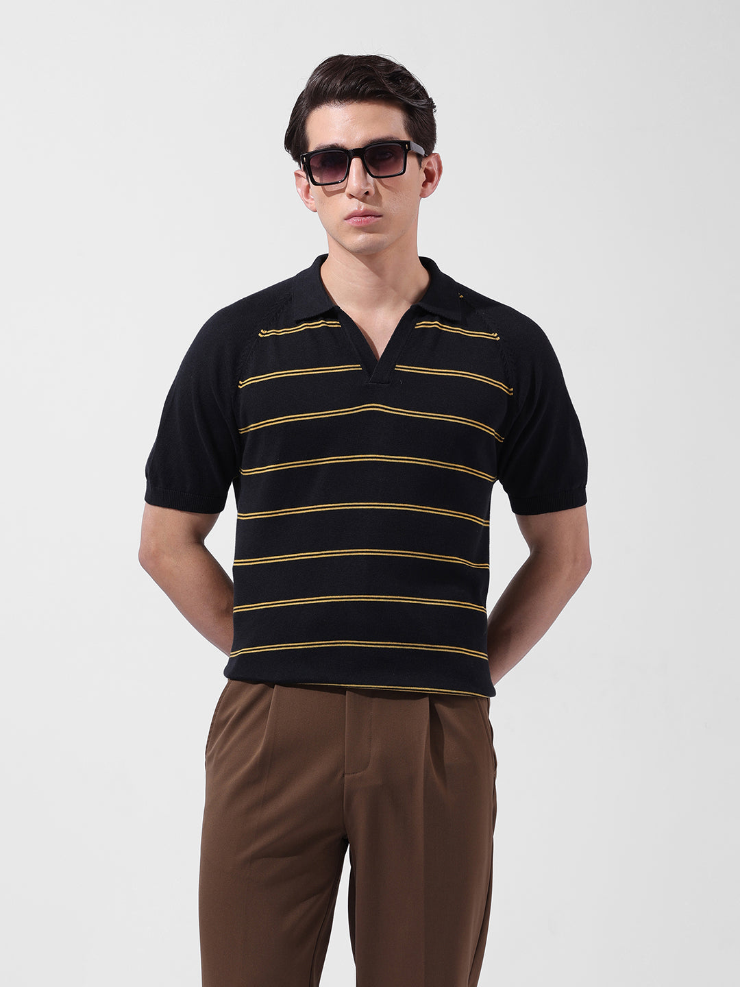 Men's Black Slim Fit Textured Flat Knit Polo Neck T-Shirt
