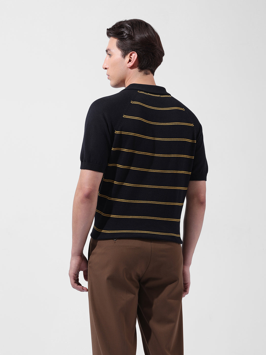 Men's Black Slim Fit Textured Flat Knit Polo Neck T-Shirt