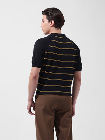 Men's Black Slim Fit Textured Flat Knit Polo Neck T-Shirt