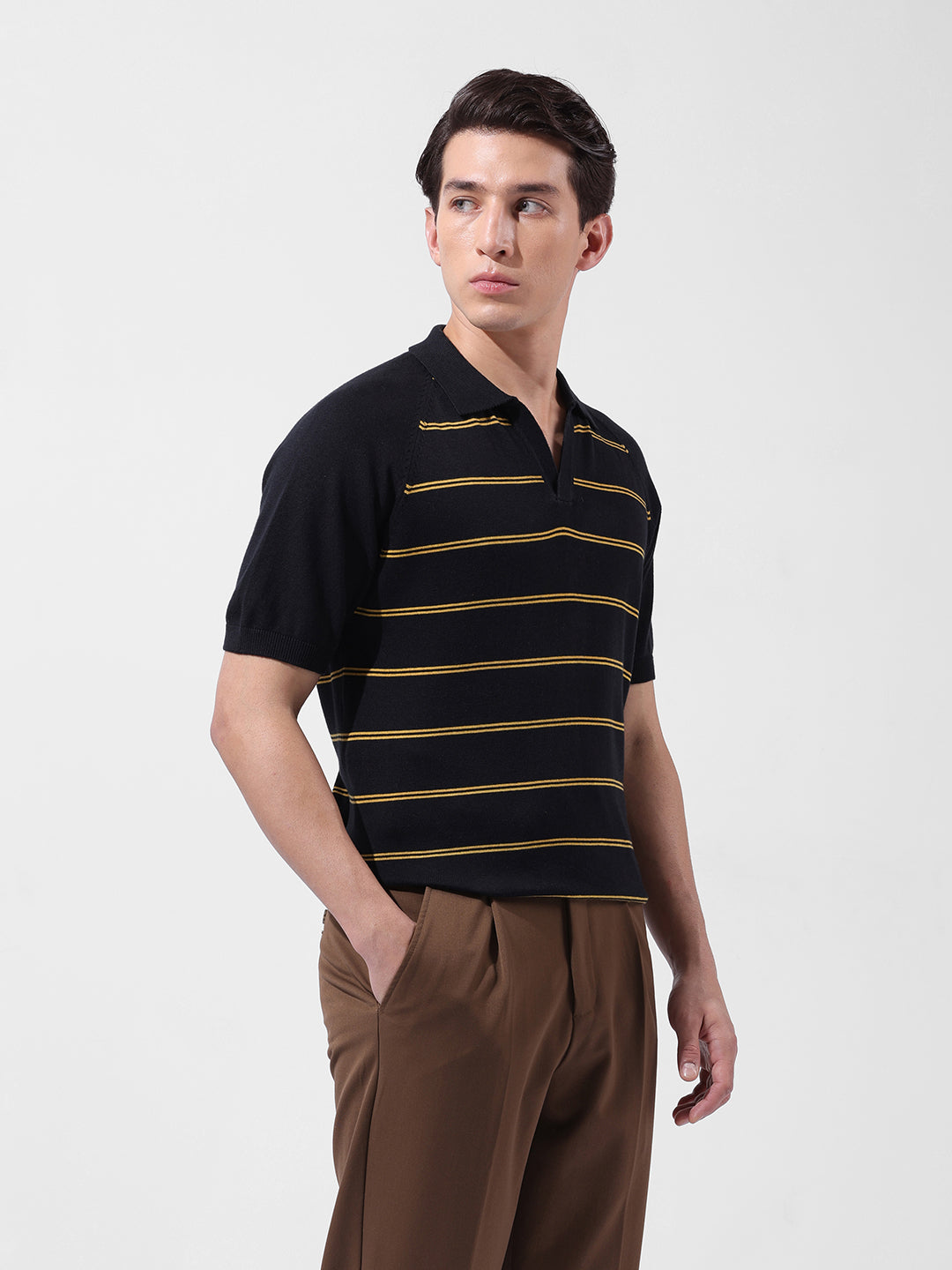 Men's Black Slim Fit Textured Flat Knit Polo Neck T-Shirt