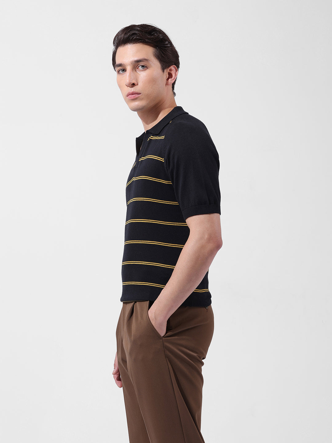Men's Black Slim Fit Textured Flat Knit Polo Neck T-Shirt