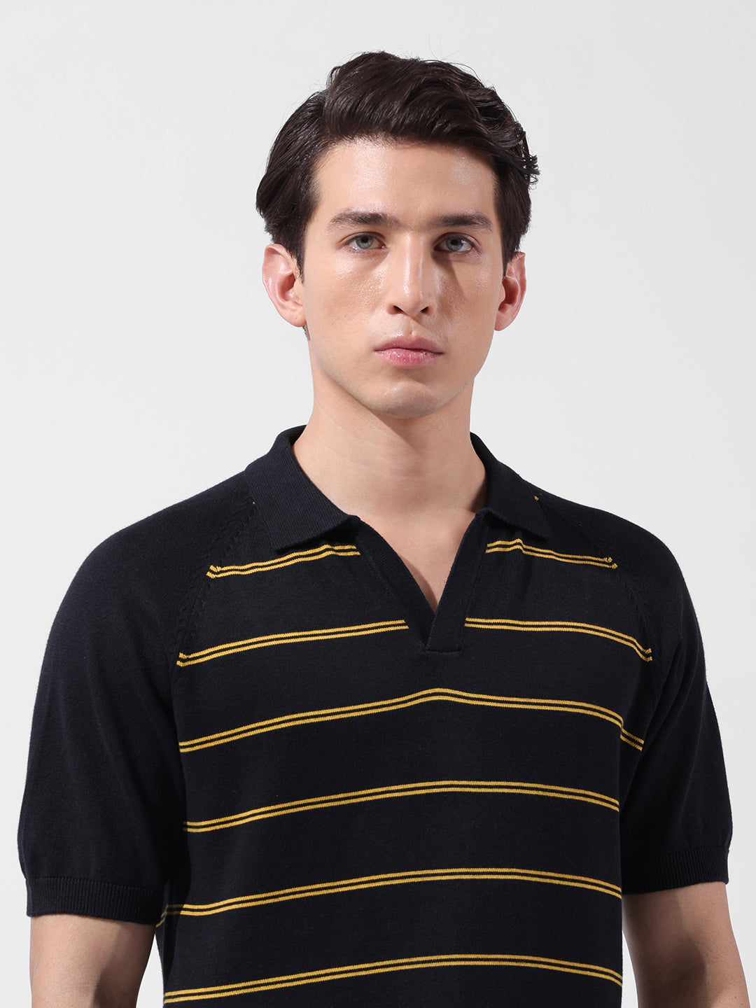 Men's Black Slim Fit Textured Flat Knit Polo Neck T-Shirt