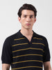 Men's Black Slim Fit Textured Flat Knit Polo Neck T-Shirt