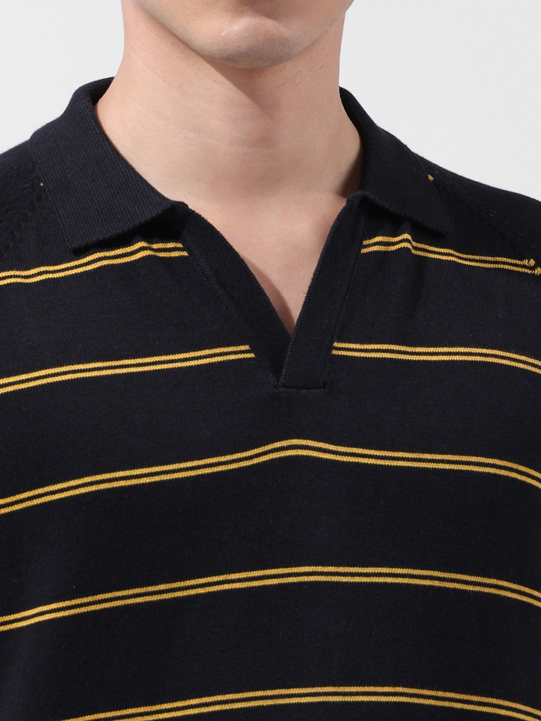 Men's Black Slim Fit Textured Flat Knit Polo Neck T-Shirt