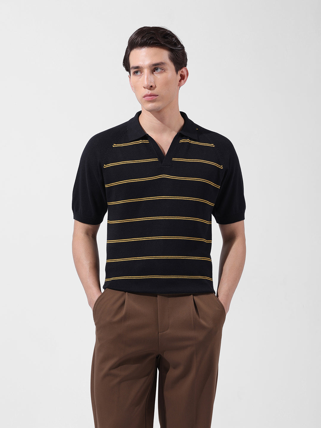 Men's Black Slim Fit Textured Flat Knit Polo Neck T-Shirt