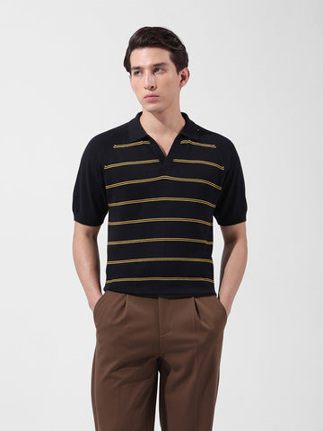 Men's Black Slim Fit Textured Flat Knit Polo Neck T-Shirt