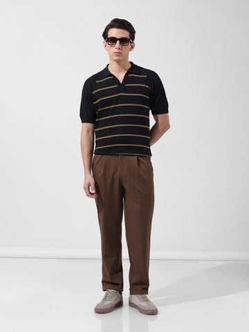 Men's Black Slim Fit Textured Flat Knit Polo Neck T-Shirt