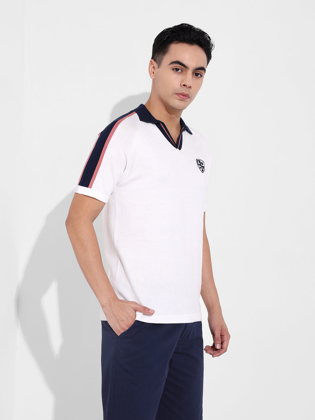 Men's Cream Slim Fit Textured Flat Knit T-Shirt