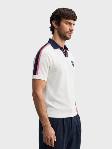 Men's Cream Slim Fit Embroidered Flat Knit Polo T-Shirt