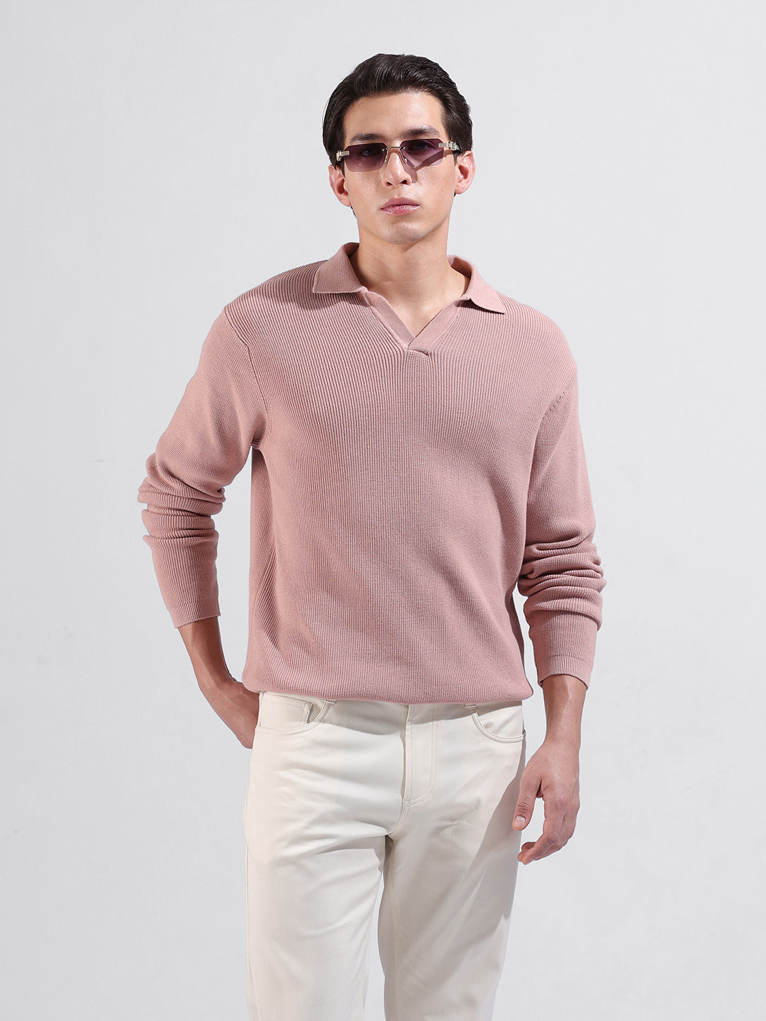 Men's Pink Slim Fit Textured Flat Knit Polo Neck T-Shirt
