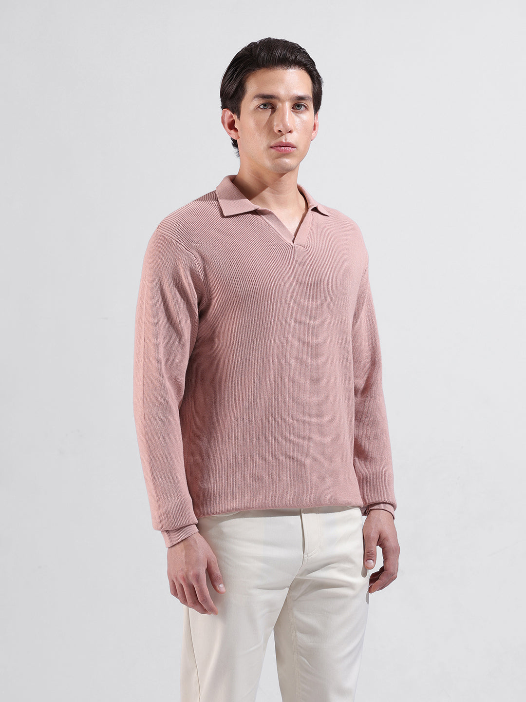 Men's Pink Slim Fit Textured Flat Knit Polo Neck T-Shirt