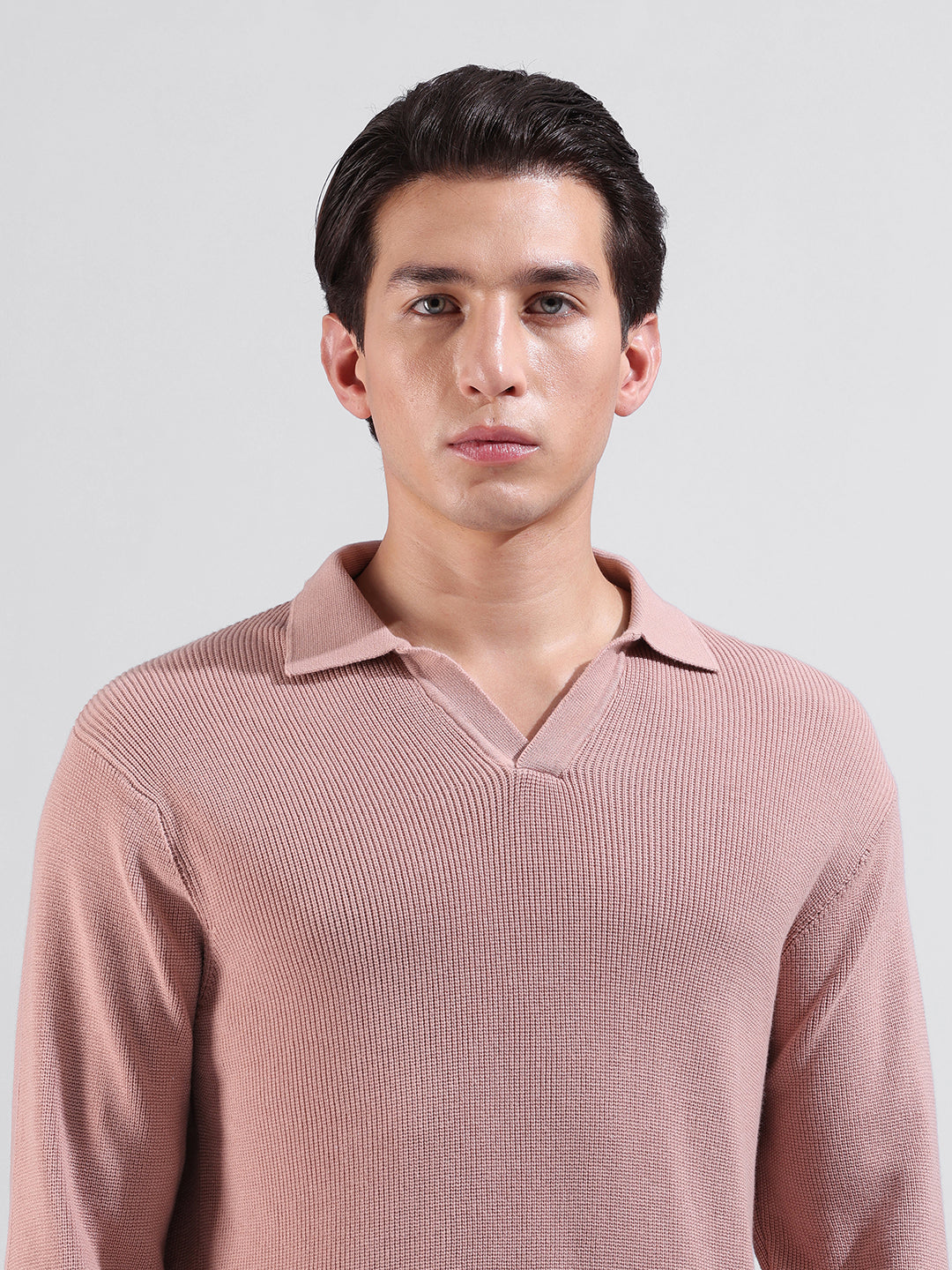 Men's Pink Slim Fit Textured Flat Knit Polo Neck T-Shirt