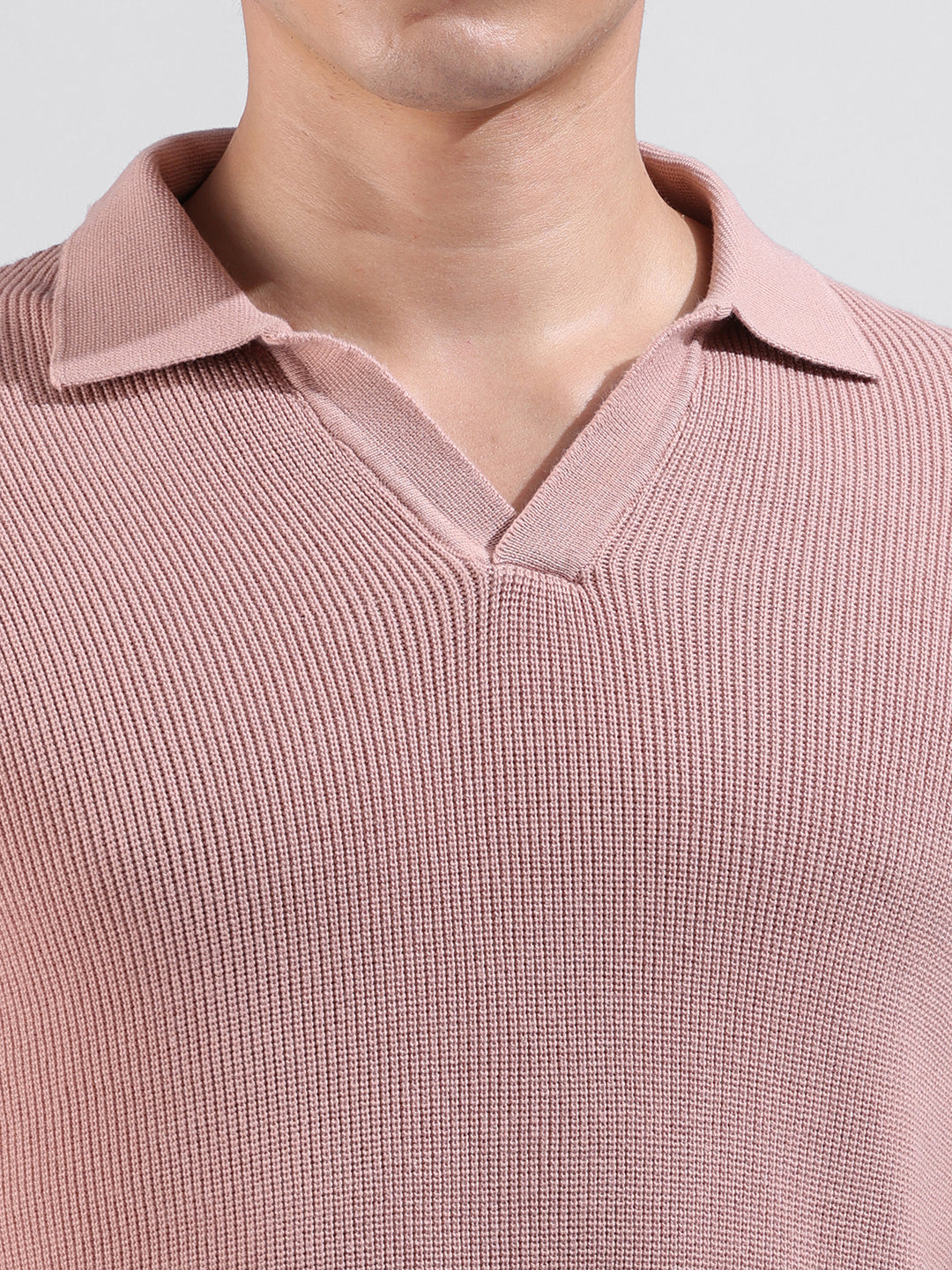 Men's Pink Slim Fit Textured Flat Knit Polo Neck T-Shirt