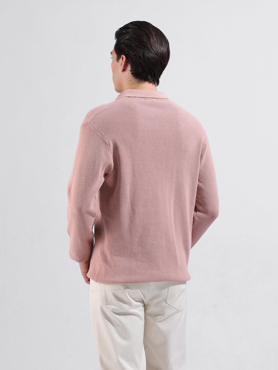 Men's Pink Slim Fit Textured Flat Knit Polo Neck T-Shirt