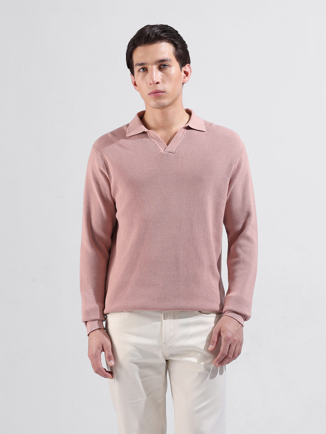 Men's Pink Slim Fit Textured Flat Knit Polo Neck T-Shirt