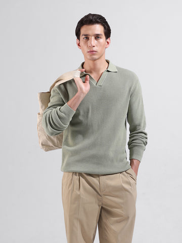 Men's Green Slim Fit Textured Flat Knit Polo Neck T-Shirt