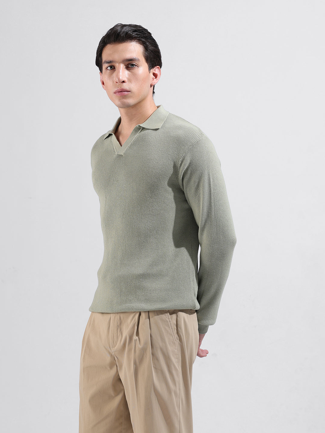 Men's Green Slim Fit Textured Flat Knit Polo Neck T-Shirt