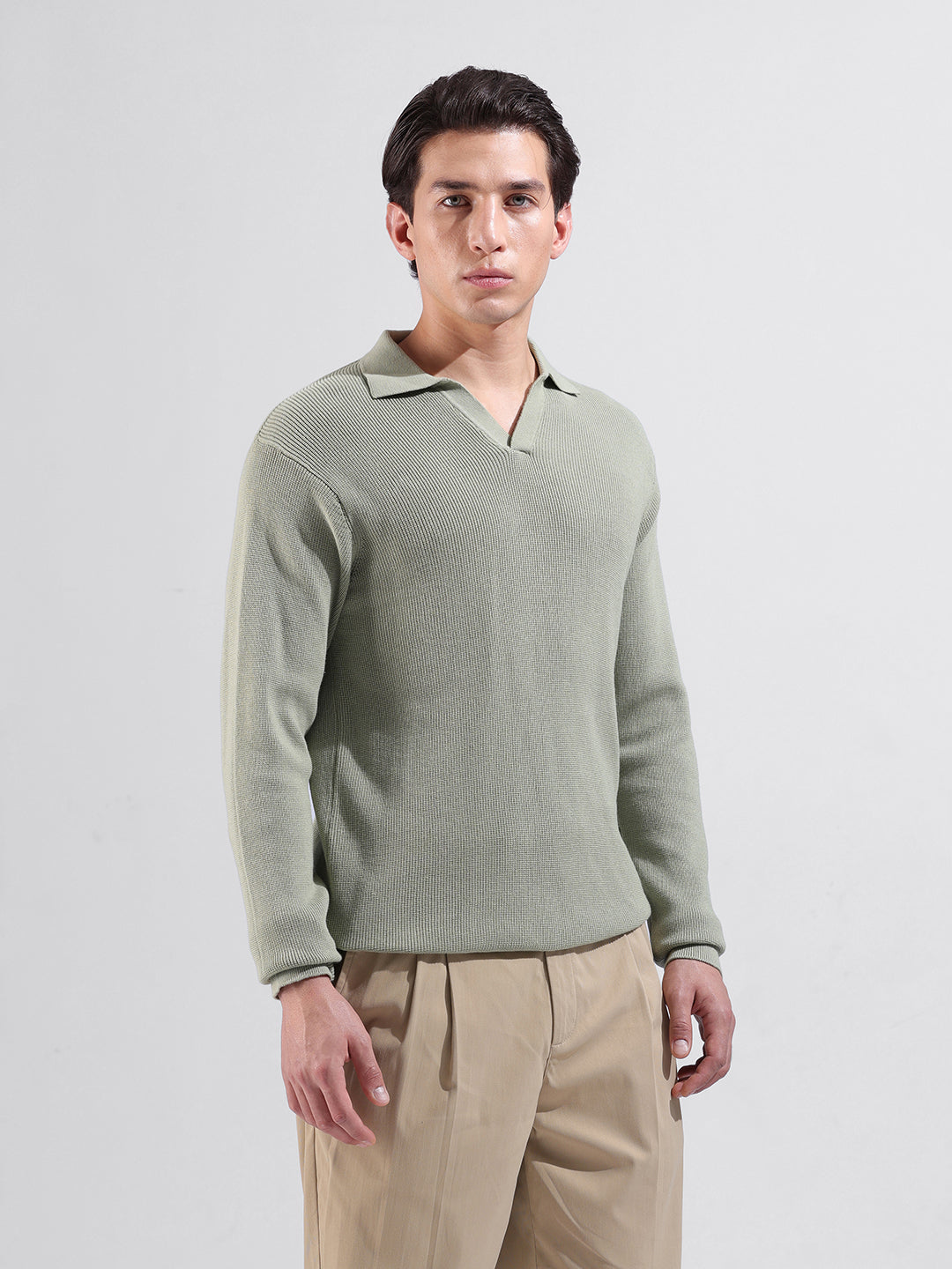 Men's Green Slim Fit Textured Flat Knit Polo Neck T-Shirt