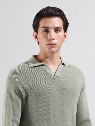 Men's Green Slim Fit Textured Flat Knit Polo Neck T-Shirt