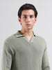 Men's Green Slim Fit Textured Flat Knit Polo Neck T-Shirt