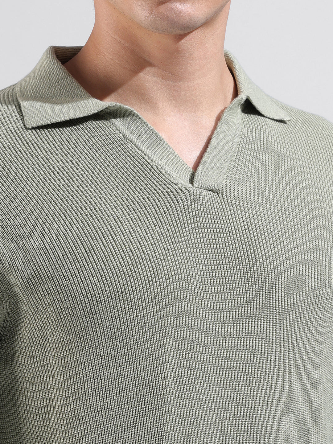 Men's Green Slim Fit Textured Flat Knit Polo Neck T-Shirt